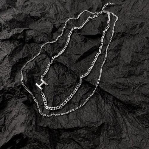 Origin Summer Stainless Steel Double Layer Letter Pendant Necklace for Women Femme Asymmetric Chunky Chain Necklace Jewelry