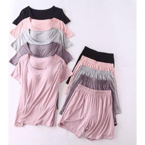 Pajamas for Women Summer Solid Sleepwear Pyjamas Set Short Sleeve Top Shorts Cute Underwear Set Soft Nightwear Sets X227