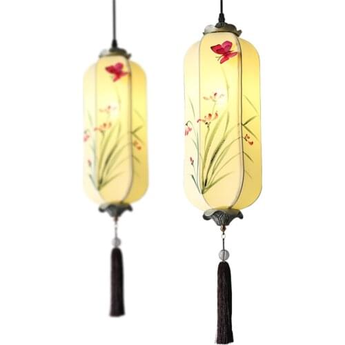 New Chinese orchid hand-painted fabric pendant lights hotel decor tea dining room lamp classical lantern pendant lamps lighting