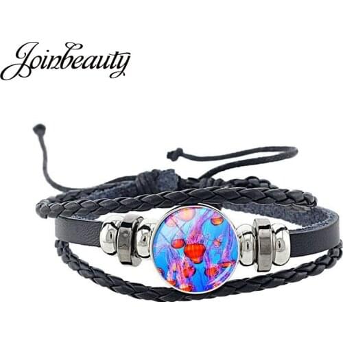 JOINBEAUTY Charms Punk Bracelet Ocean Plankton Picture Round Glass Weave Leather Bangle Handmade Friends Jewelry Gift OC54