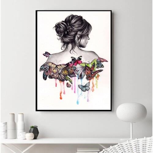 Abstract Modern Poster Black White Butterfly Woman Wall Art Nordic Girl Canvas Prints Wall Picture for Living Room Home Unframed