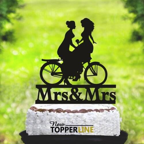 Lesbian Wedding Cake Topper, Lesbian Travel Silhouette On Bicycle, Cake Topper, Ladies And Ladies Cake Topper