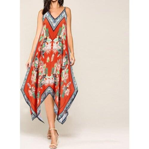 Women Fashion irregular Design Sense V-neck Guofeng Retro Printing Sling Skirt A-line Skirt Loose Middle Length Floral Skirt XXL