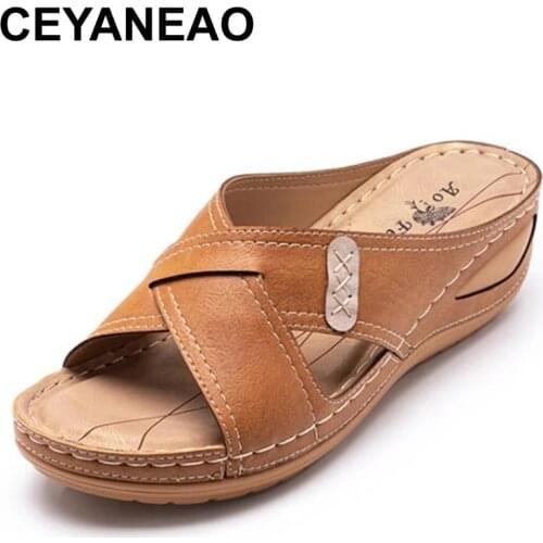 CEYANEAONew Outside Women Sandals Retro Sewing Ladies Slides Slip on Retro Wedge Platform Soft Comfortable Female Shoes PlusSize