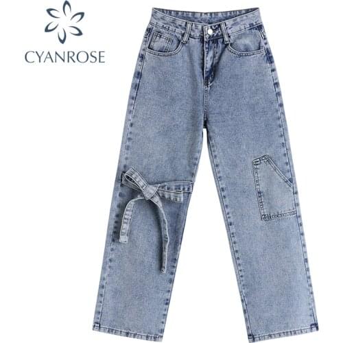 2021 New Summer Vintage Jeans Woman High Waist Baggy Bownot Design Loose Casual Streetwear Fashion Harajuku Denim Wide Leg Pants