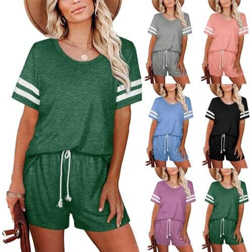 Womens wear womens suit shorts suit new stripe dress two-piece round collar short sleeve stripe T-shirt pants suit FASHION