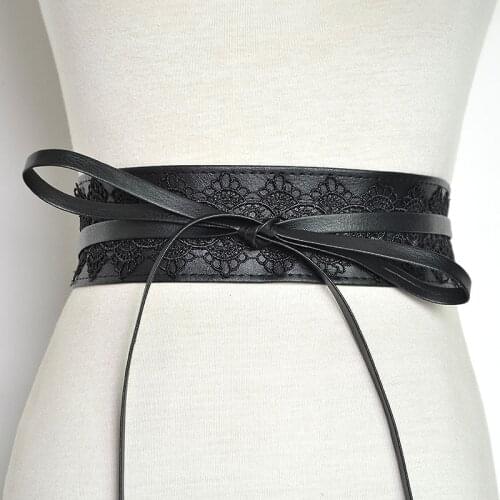 Women Lace Pu Belt New Wide Tie Belts for Women Bow Black Red Waistband Female Dress Fashion 2021
