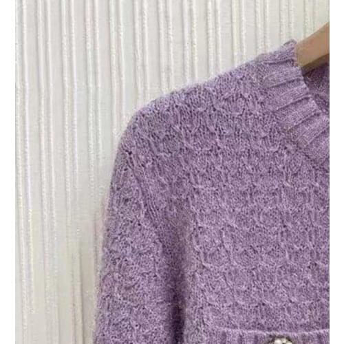 2021 Early Spring New Women Sweater Purple Pearl Button Round Neck Knit Cardigan Women