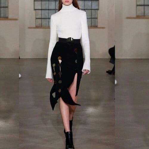 2019 Women White With Black Two 2 Pieves Button Fashion Dress Turtleneck Split Clubwear Vestidos Party Night Summer Wholesale