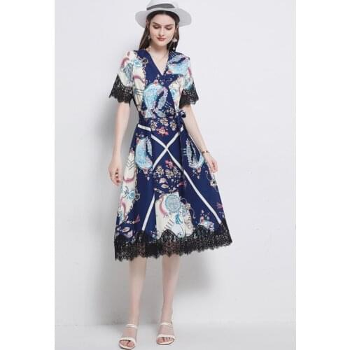 Summer Runway Vitnage Floral High Waist Women Dress Vintage Lady Lace Patchwork Belt Knee Length Dress A Line Vestidos k3105