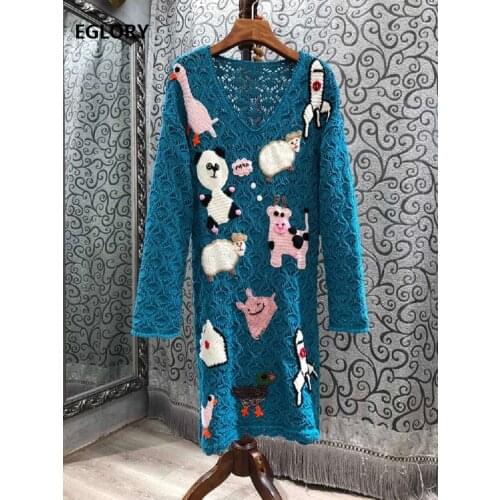 New Arrival Sweater Dress 2021 Spring Autumn Knitwear Women V-Neck Crochet Knitting Cute Animal Patterns Blue Dress Pullover