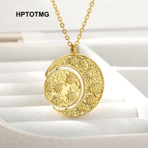 Vintage Gold Sun Moon Round Pendant Necklace for Women Stainless Steel Geometric Sunflower Clavicle Chain Choker Charms Jewelry