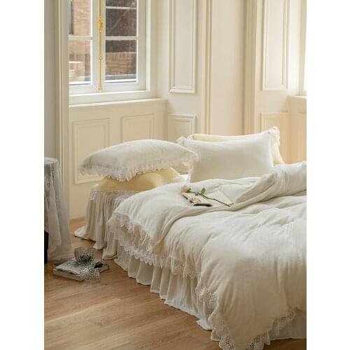 Winter Bedding Set Milk Fleece Warm Thick French Lace Soft Quilt Cover Cream Ins Style Bed Skirt Twin Full Queen King 4 PCS