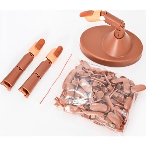 1Kit Salon Nail Art Practice Model Brown/White Base+3 Finger Joints+100 Nail Tips Flexible Training Finger Set Professional Tool