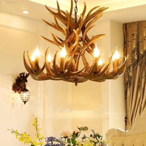 American Retro Antlers LED Chandelier Resin Deer Horn Decor Hanging Lights for Living Room Dining Room Indoor Lighting Fixtures