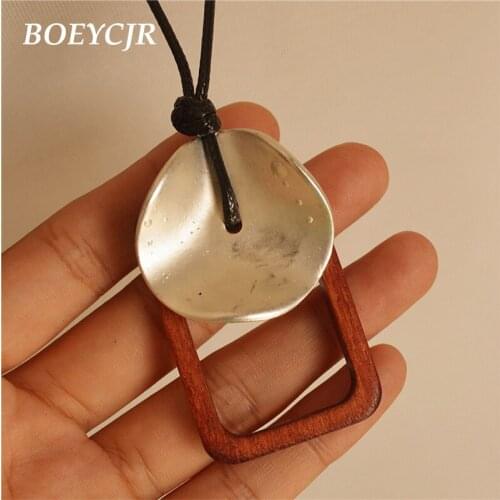 BOEYCJR Vintage Hollow Square Wood & Alloy Pendant Necklace Rope Chain Fashion Jewelry Ethnic Pendant Necklace for Women