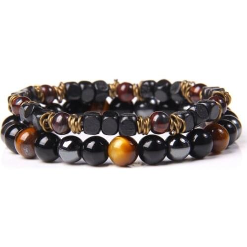 2Pcs/Set Wooden Natural Stone Bracelets For Combination Ethinc Meditation Male Bangles Lava Hematite Tiger Eye Beads Bracelet