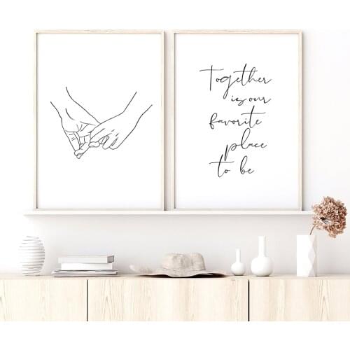 Black White Wall Art Holding Hands Drawing Canvas Poster Couples Bedroom Sign Print Together Quotes Painting Picture for Living