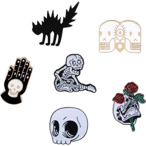 Flower Skull Hand Cat Enamel Pins Collection Skeleton Head Rose Lapel Pins Love and Death Badge Brooches Punk Dark Jewelry Gifts