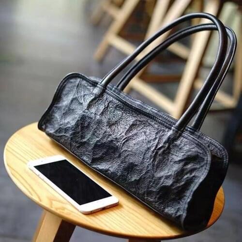 Designer Women Shoulder Bag Retro Handmade Pleated Cowhide Baguette Handbag High Quality Ladies Black Purses Top Handle Bags