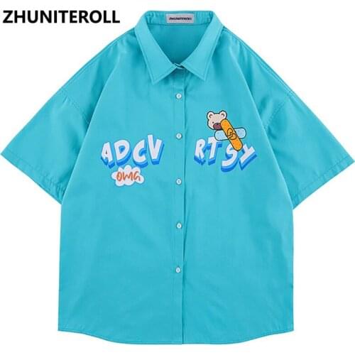Cartoon Bear Letter Print Hawaiian Shirt Harajuku Streetwear Hip Hop Beach Shirt Summer Short Sleeve Aloha Shirt Casual Shirt