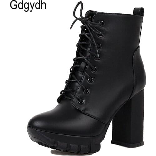 Gdgydh Lace Up Women Black Ankle Boots High Heels 2021 Spring Autumn Platform Shoes Female Short Boots Side Zipper High Quality
