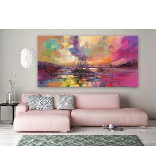 Hot Sell Modern Wall Painting Landscape Picture Home Decorative Art Oil Painting Colorful Sky Canvas Art Pink sky