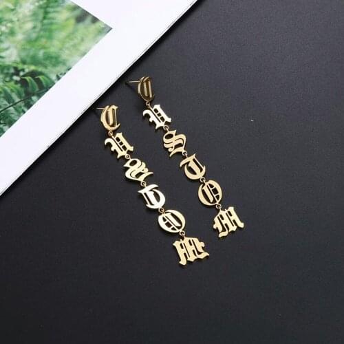 Customized Old English Letter Pendant Earrings Fashion Stainless Steel Womens Jewelry