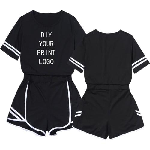 Customized Two Piece Set Women Custom Clothes Black Short Sleeves Suit Sets DIY Logo Ladies Tops T Shirt and Shorts 2 Piece Set