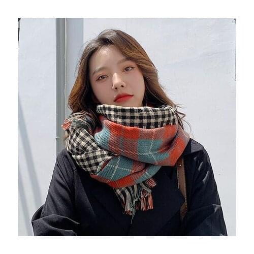 Cashmere Scarf for Women In Winter Versatile Double-sided Plaid Shawl for Students In Autumn and Winter Long Thickened Warm Bib