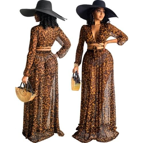 Sexy Leopard Printing Dress Sets Long Sleeve V-neck Lace-up Tank Tops Elastic Waist Mesh Skirt Two-piece Set Summer Casual Suit