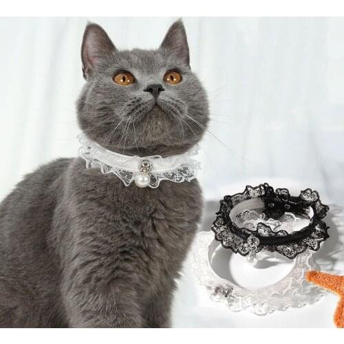 Lace Cat Collar Pearl Flower PU Cat Collar Adjustable Small Dog Collar Necklace Kitten Collar Accessories Princess Birthday Gift