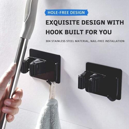 Hot 4 Pieces Broom Holder Stainless Steel Self-Adhesive Mop Holder Attached to the Clean and Flat Door Glass Wall
