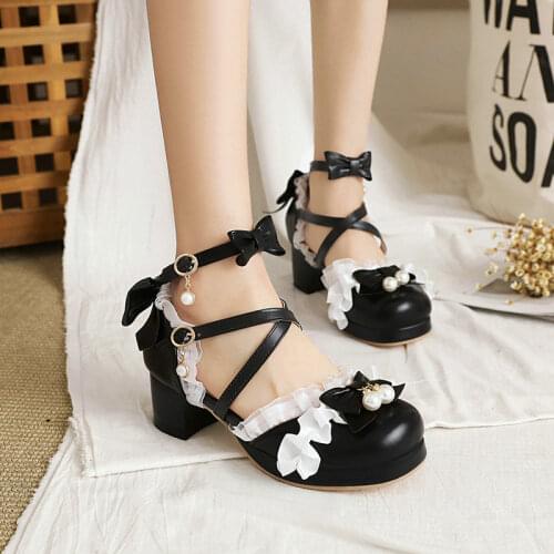 Lovely Girls Lolita Mary Janes Shoes Bowknot 2021 Spring JK Japanese Cosplay Student Dress Party Pumps Women 34-48 Pink