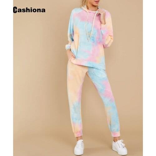 Fashion Tie dye Print Tracksuit Hoodies Sweatshirt Womens Top And Long Pants Set Autumn 2020 Women Hooded Two Piece Outfits