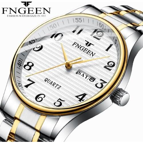 2020 Mens Watches Quartz Wristwatch for Men Hour Two-tone Steel Waterproof Clock Male Time Date Week Analog Display Montre Homme