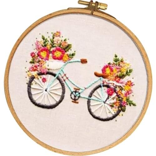 Stamped Embroidery Kit with Pattern, Pre-Printed Cloth & Hoop 15cm DIY Needlework Crafts - Flower & Bicycle