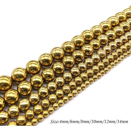 Natural Stone Gold Hematite Stone Round Loose Charm BeadsFitMulti-purpose Jewelry Making 4 6 8 10 12 14MMPick Size J343