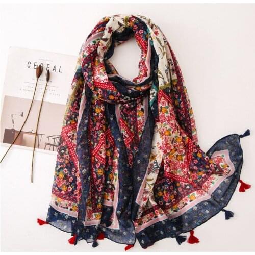2021 Newest Cotton Women Floral Printed Scarf Shawls Hijabs With Tassels Fashion Beach Long Shawls Large Size Muslim Wraps 1PC