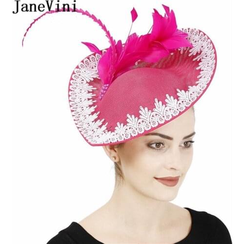 JaneVini New Design Heat Shape Wedding Fuchsia Big Hat with Lace Appliques Edge Feathers Ladies Elegant Wedding Hair Accessories