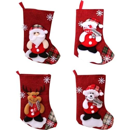 Christmas Tree Hanging Socks Linen Festival Apple Gift Candy Bags Cartoon Snowflake Xmas Party Fireplace Decor