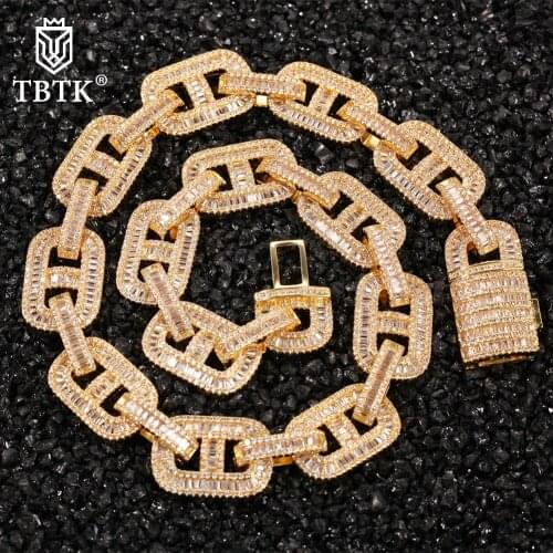 TBTK 15mm Cuban Chain Necklace Miami Luxury Full Paved Prong Baguette Cubic Zirconia Necklace Fashion Hiphop Rapper Jewelry