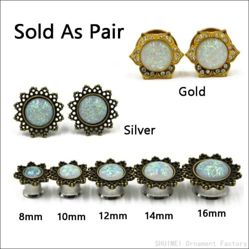 316l Surgical Steel With Opal Stone Ear Flesh Tunnel Plugs Gold Gemed Single Flare Lotus Flower Ear Gauges Piercing Jewelry