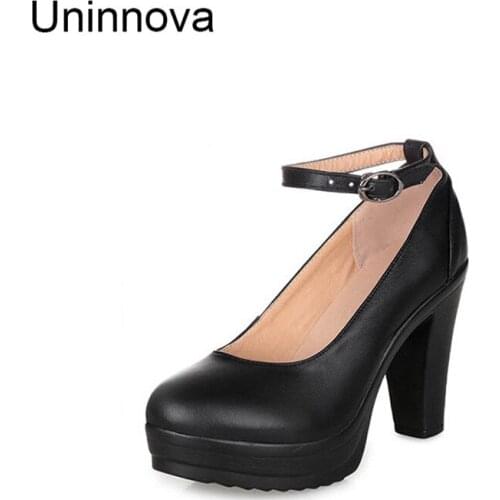 Uninnova New Womens Platform Genuine Leather Shoes High Heels Ankle Mary Janes Shallow Office Lady Court Shoes WP033