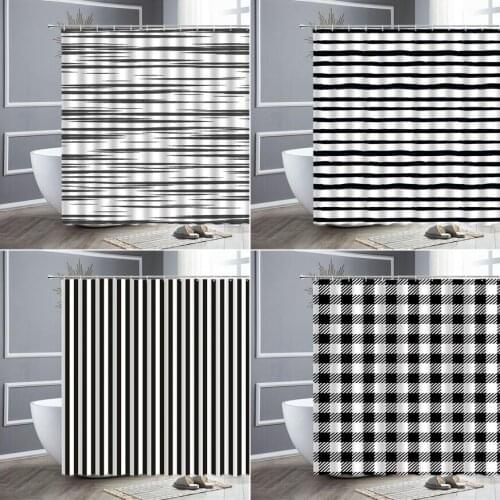 Black White Striped Shower Curtain Geometric Pattern Waterproof Bathroom Decor Polyester Fabric Bath Curtains Hooks Wall Decors