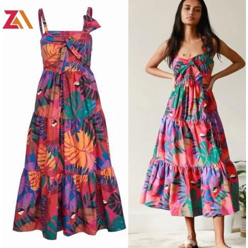 ZALady designer runway summer dresses for women elegant Spaghetti strap bow dress with floral pattern zevity chic festival robes