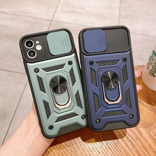 Slide Camera Lens Protection Armor Cell Phone Case For iPhone 11 12 Pro Max XR X XS Mini 8 7 6S Plus SE Metal Ring Holder Cover