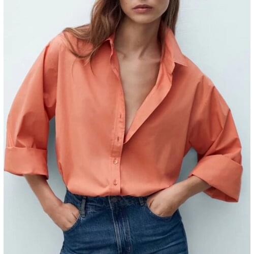 TRAF Za Women Shirts 2021 Loose Poplin Shirts Oversize Tops Woman Fashion Long Sleeve Single Breasted Turn-down Collar Blouses