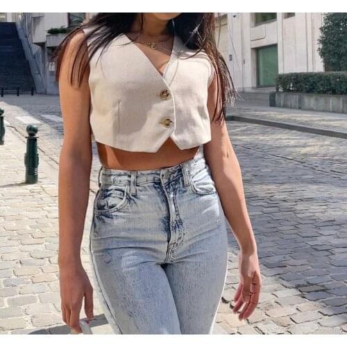 XEASY 2021 Women Elegant Flax Streetwear Sleeveless Short Vest Female Vintage Slim V-Neck Single Breasted Casual Waistcoat