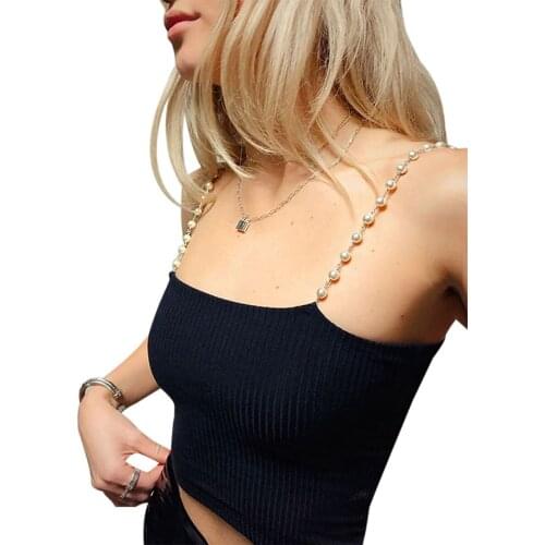 New Women Chic Sleeveless Pearl Spaghetti Strap Slim Fit Ribbed Camisole Vest Sexy Solid Color Crop Top Black S M L